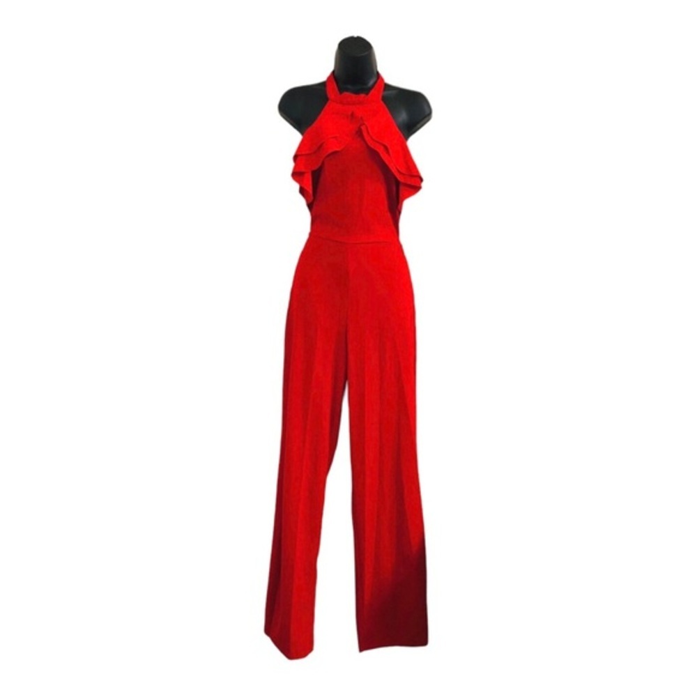 Bebe red Ruffle front belted sleeveless open back‎ Halter Jumpsuit size 2 new - Picture 9 of 15
